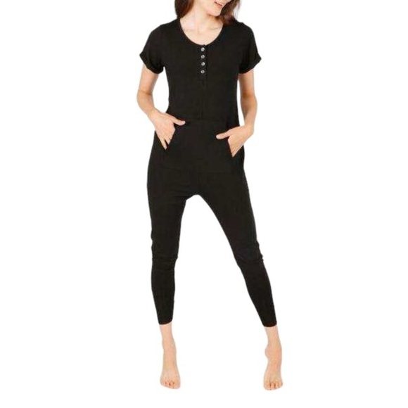 Smash + Tess AnyDay Romper- Black Ribbed Short Sleeve Henley Romper - Picture 2 of 15